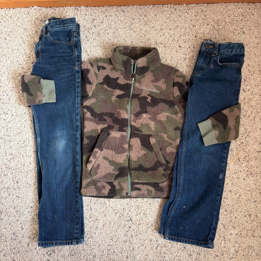 Bundle of Columbia Boys Green Camouflage Fleece Jacket and 2 jeans 8 yo
